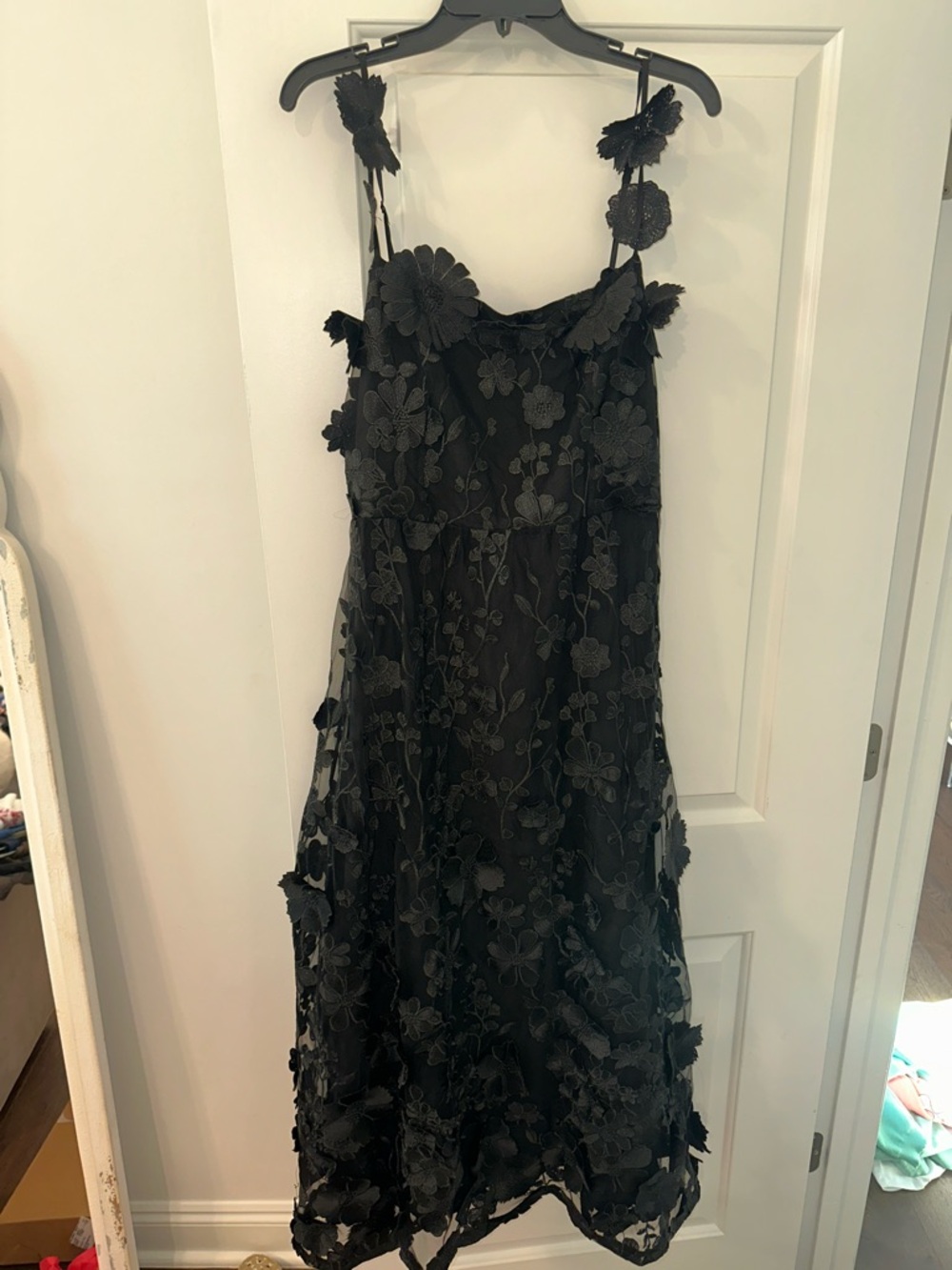 Black Floral Appliqué Midi Dress